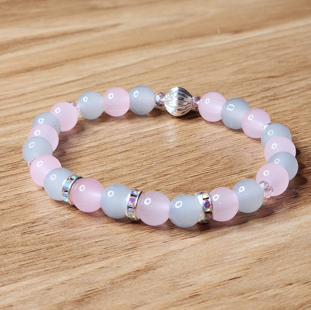 Pink & Gray Glass & Crystal Beaded Stretch Bracelet Rhinestones Handmade